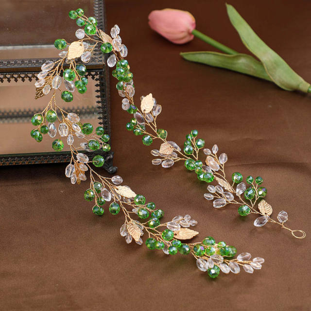 Sweet gold leaf colorful rhinestone wedding hair vines