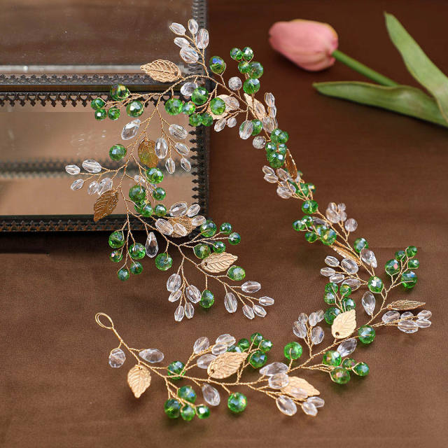 Sweet gold leaf colorful rhinestone wedding hair vines