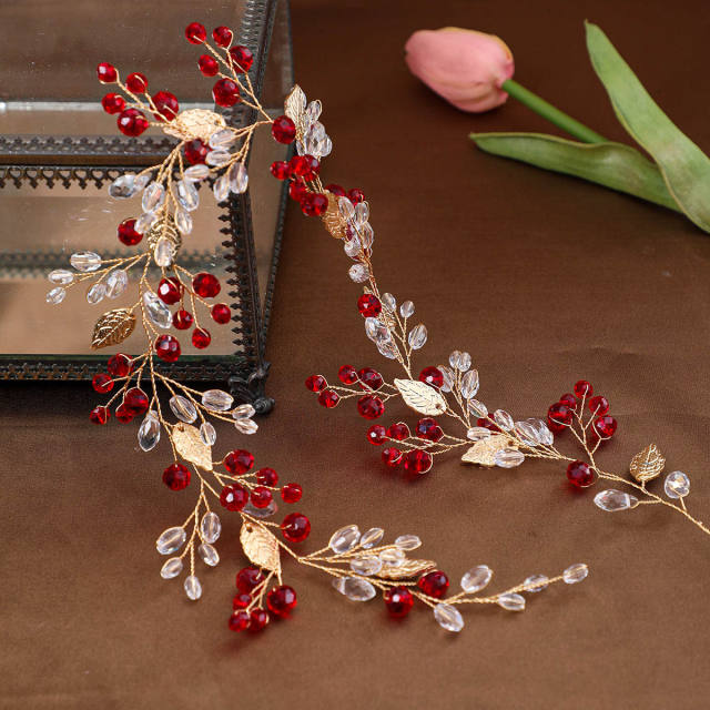 Sweet gold leaf colorful rhinestone wedding hair vines