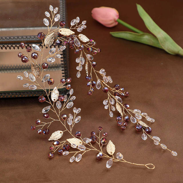 Sweet gold leaf colorful rhinestone wedding hair vines