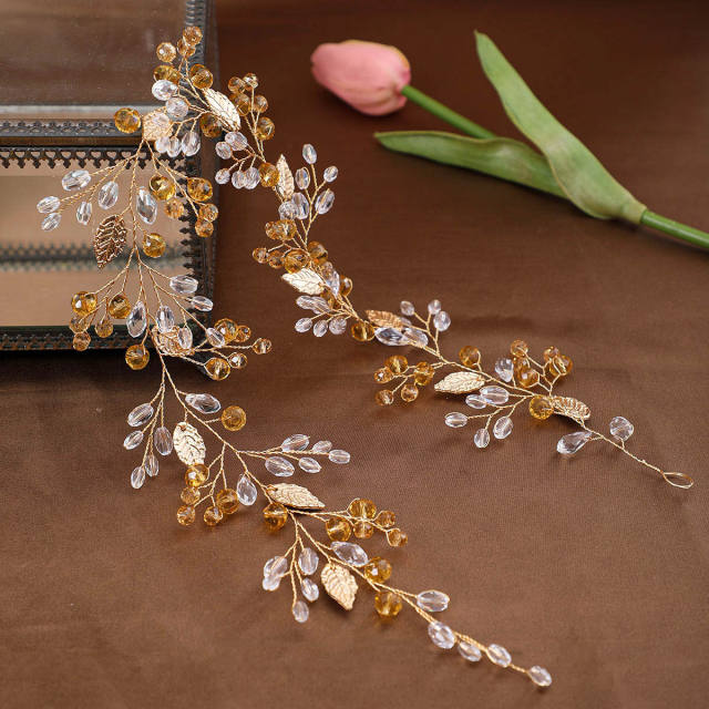 Sweet gold leaf colorful rhinestone wedding hair vines