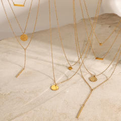 Dainty multi layer coin bar pendant stainless steel necklace