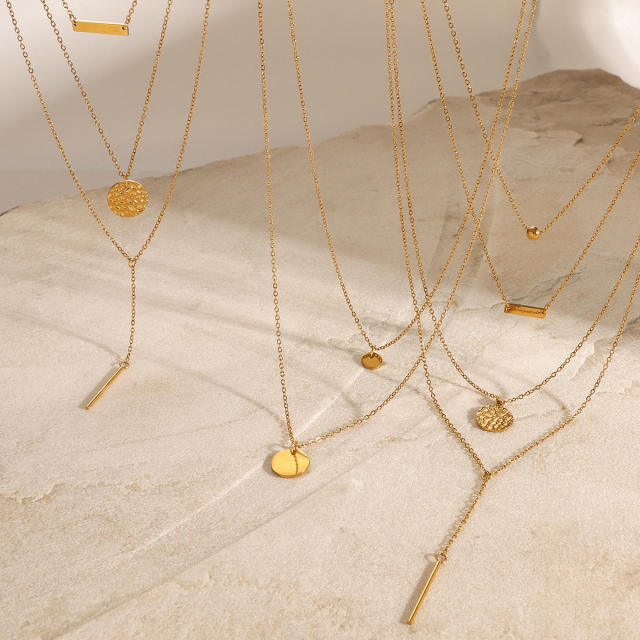 Dainty multi layer coin bar pendant stainless steel necklace