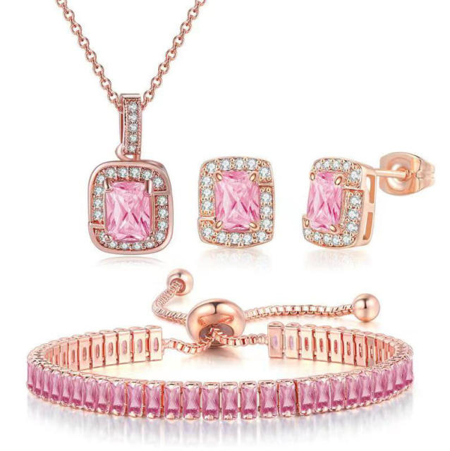 Delicate colorful cubic zircon tennis chain bracelet gold plated copper diamond necklace set