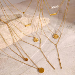 Dainty multi layer coin bar pendant stainless steel necklace