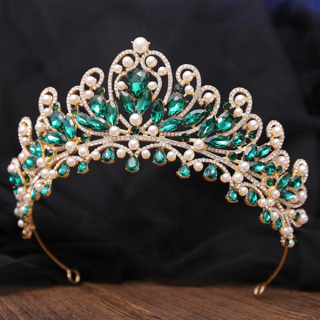 Luxury AB colorful glass crystal pearl statement wedding beauty hair crown