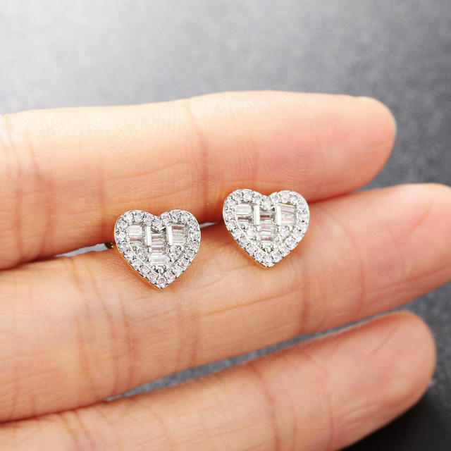 Concise diamond heart dainty copper necklace ear studs set