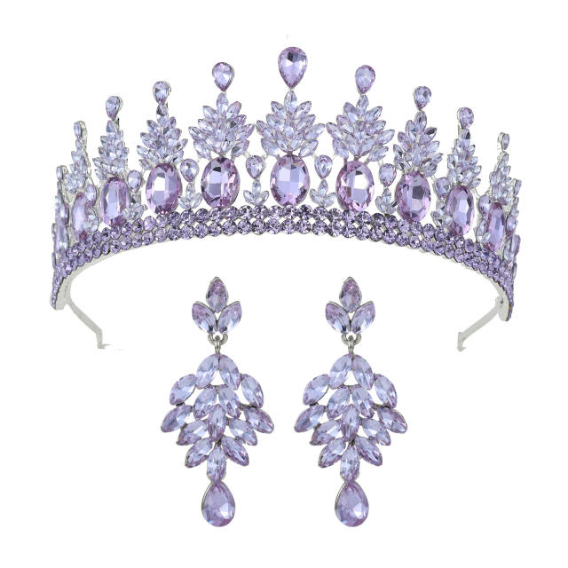 Baroque colorful rhinestone statement crown earrings set
