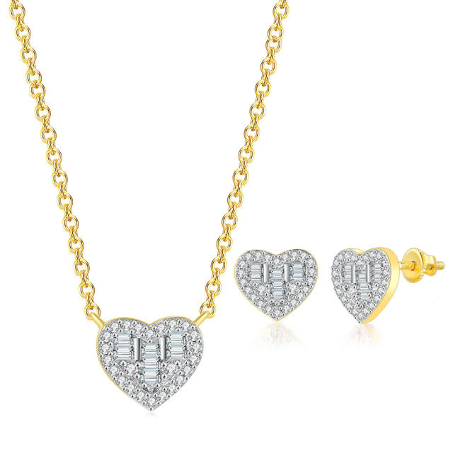 Concise diamond heart dainty copper necklace ear studs set