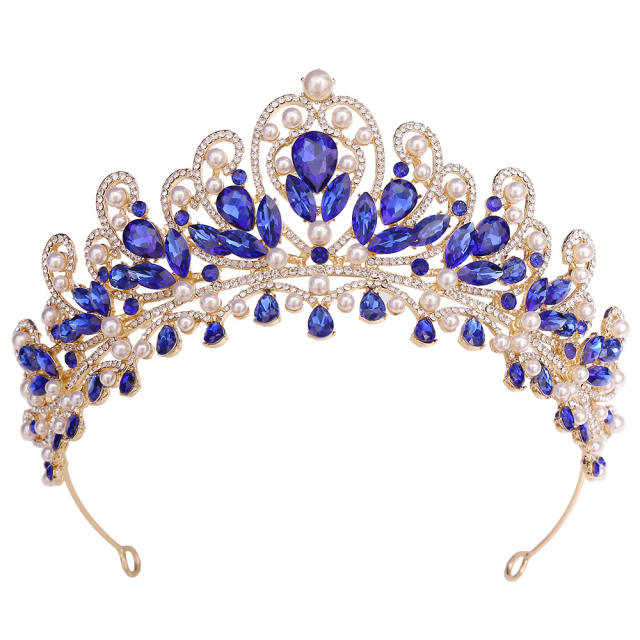 Luxury AB colorful glass crystal pearl statement wedding beauty hair crown