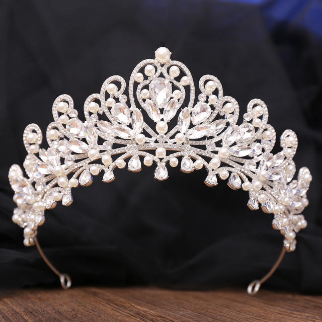 Luxury AB colorful glass crystal pearl statement wedding beauty hair crown