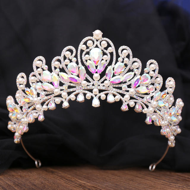 Luxury AB colorful glass crystal pearl statement wedding beauty hair crown