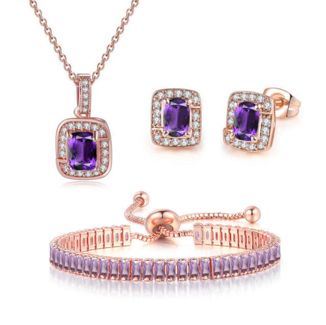 Delicate colorful cubic zircon tennis chain bracelet gold plated copper diamond necklace set