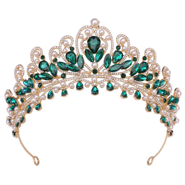 Luxury AB colorful glass crystal pearl statement wedding beauty hair crown