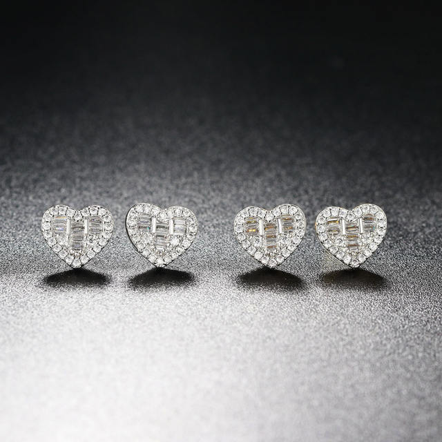 Concise diamond heart dainty copper necklace ear studs set