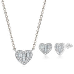 Concise diamond heart dainty copper necklace ear studs set