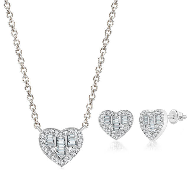 Concise diamond heart dainty copper necklace ear studs set
