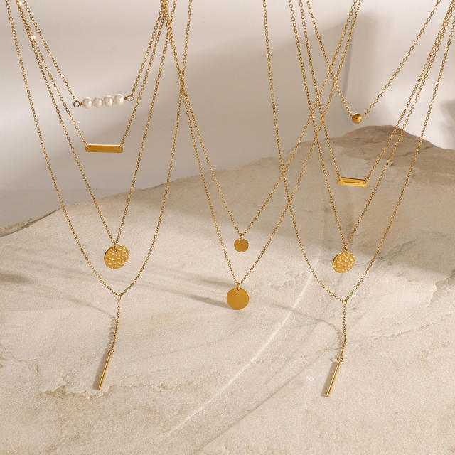 Dainty multi layer coin bar pendant stainless steel necklace