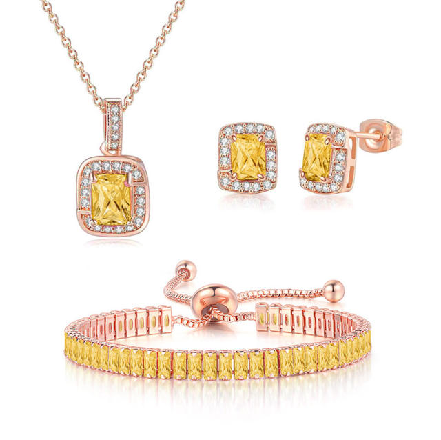 Delicate colorful cubic zircon tennis chain bracelet gold plated copper diamond necklace set