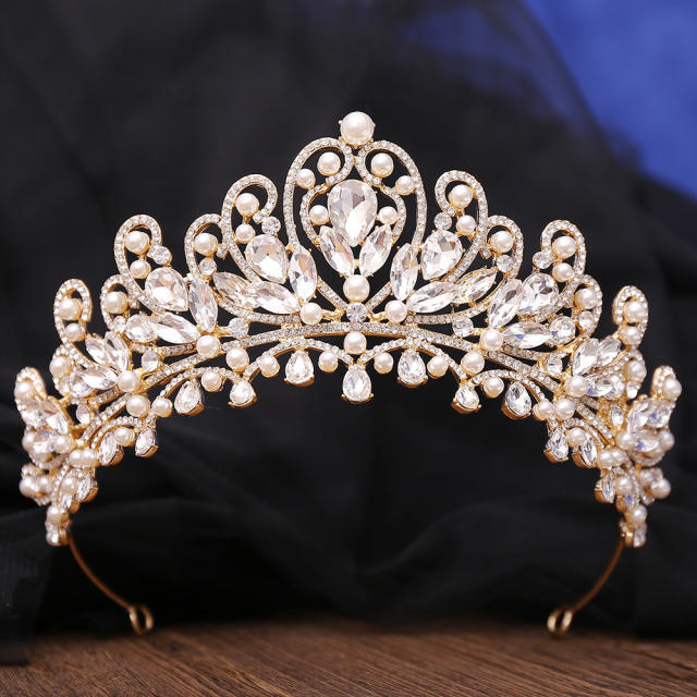 Luxury AB colorful glass crystal pearl statement wedding beauty hair crown