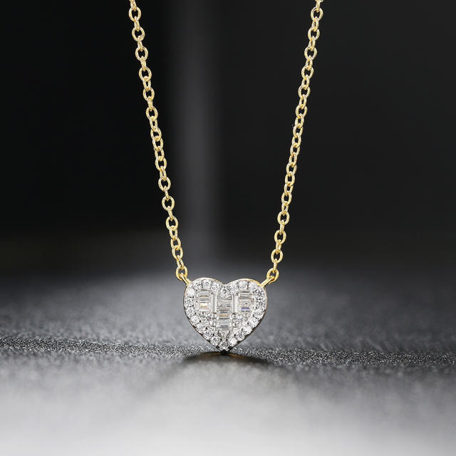 Concise diamond heart dainty copper necklace ear studs set