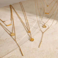 Dainty multi layer coin bar pendant stainless steel necklace