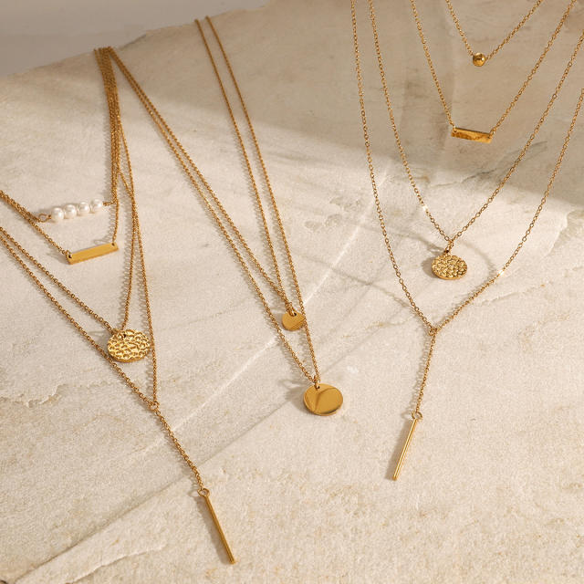 Dainty multi layer coin bar pendant stainless steel necklace