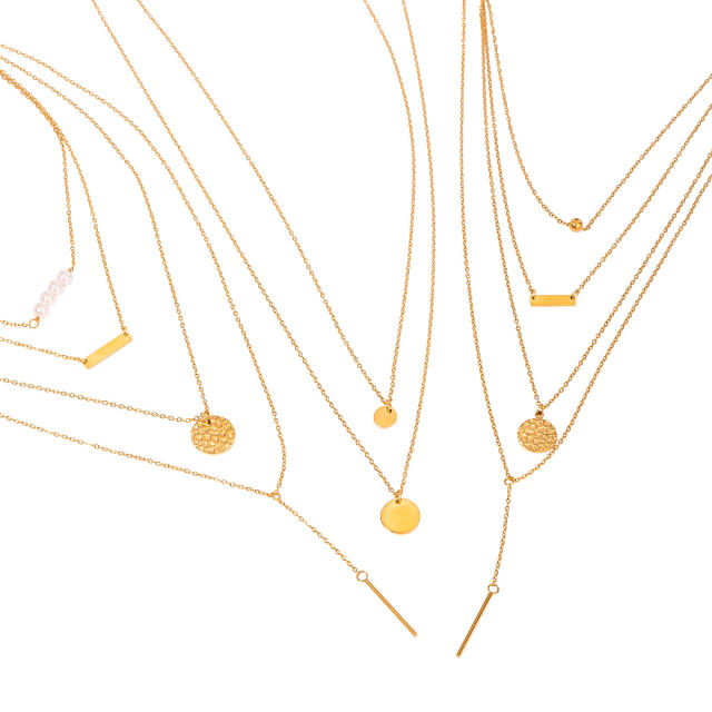 Dainty multi layer coin bar pendant stainless steel necklace