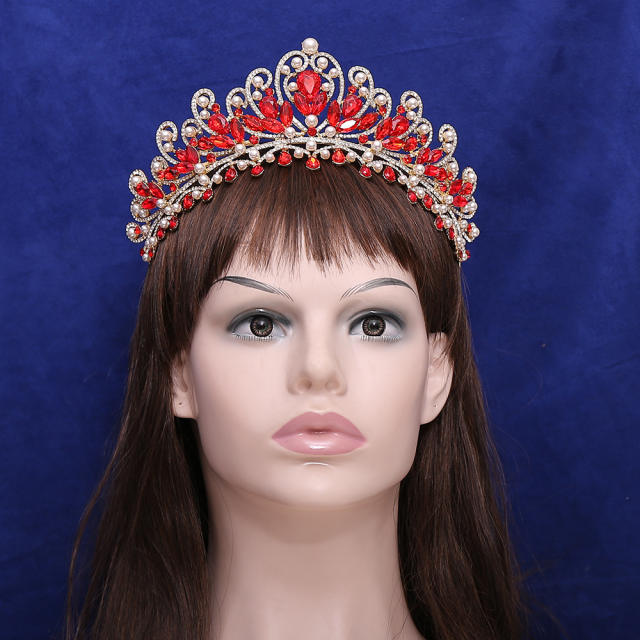 Luxury AB colorful glass crystal pearl statement wedding beauty hair crown