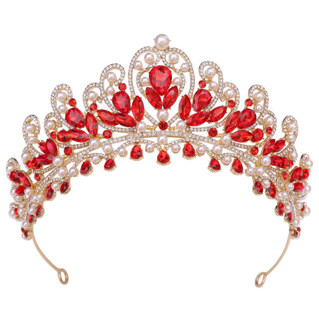 Luxury AB colorful glass crystal pearl statement wedding beauty hair crown