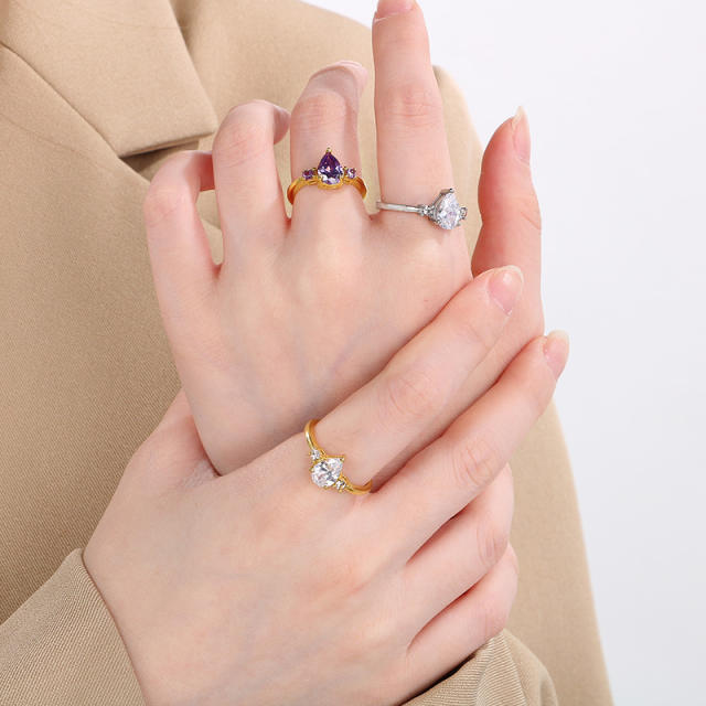 Concise easy match pear shape diamond stainless steel rings