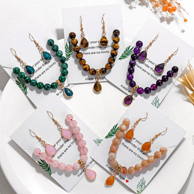 Easy match colorful natural stone bead drop earrings necklace set