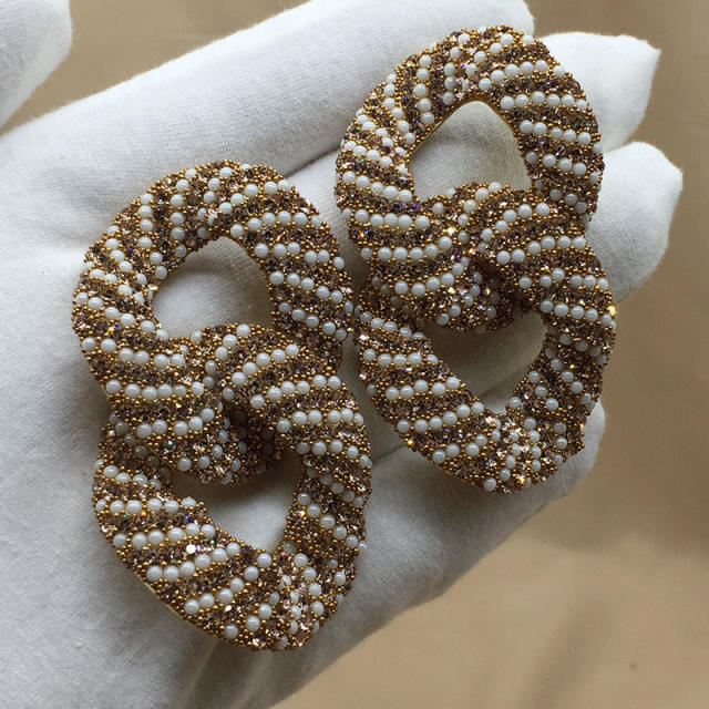 Elegant pearl bead glass crystal chain big hoop earrings