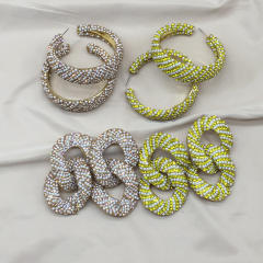 Elegant pearl bead glass crystal chain big hoop earrings