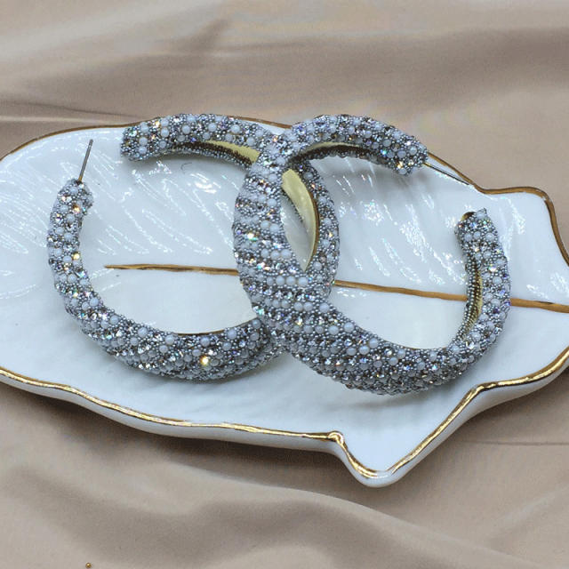 Elegant pearl bead glass crystal chain big hoop earrings