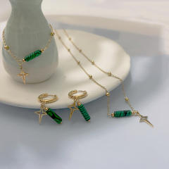 Dainty boho green color natural stone stainless steel necklace set