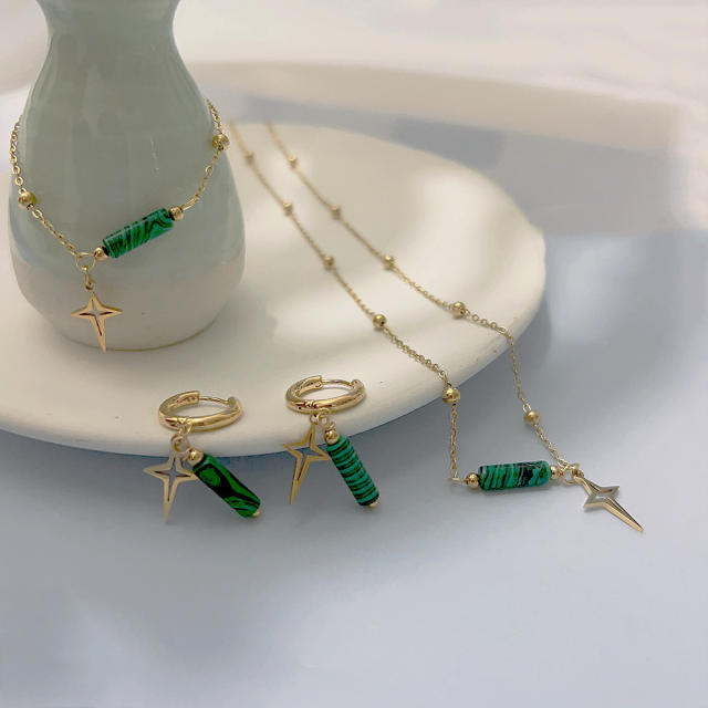 Dainty boho green color natural stone stainless steel necklace set