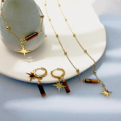 Boho natual tiger eye stone dainty stainless steel necklace set