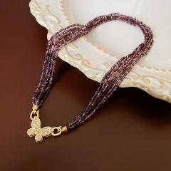 Boho colorful beaded chain diamond butterfly necklace
