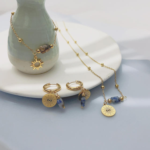 Boho dainty natural stone evil eye stainless steel necklace set