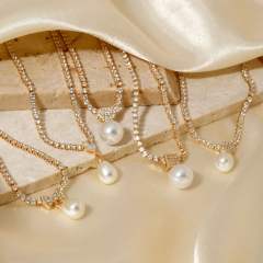Korean fashion delicate tennis chain pearl pendant necklace wedding necklace