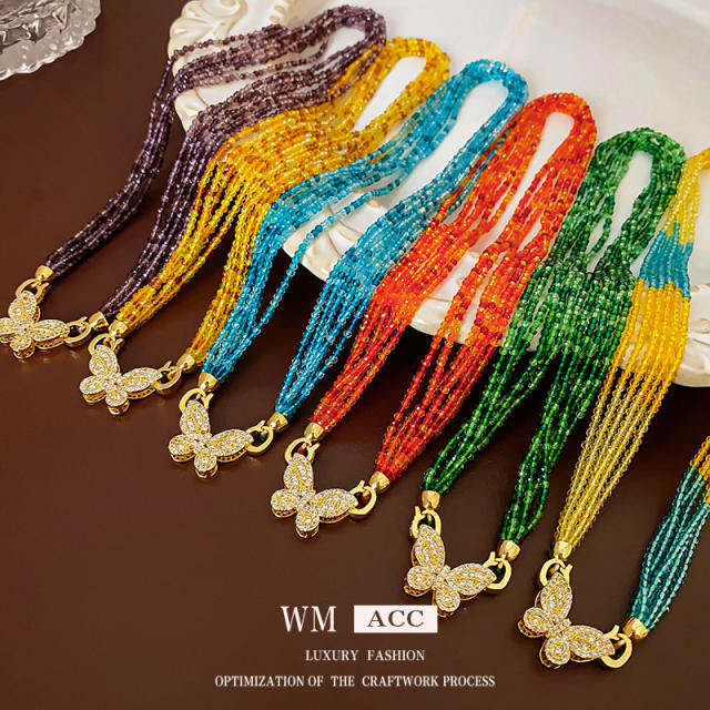 Boho colorful beaded chain diamond butterfly necklace