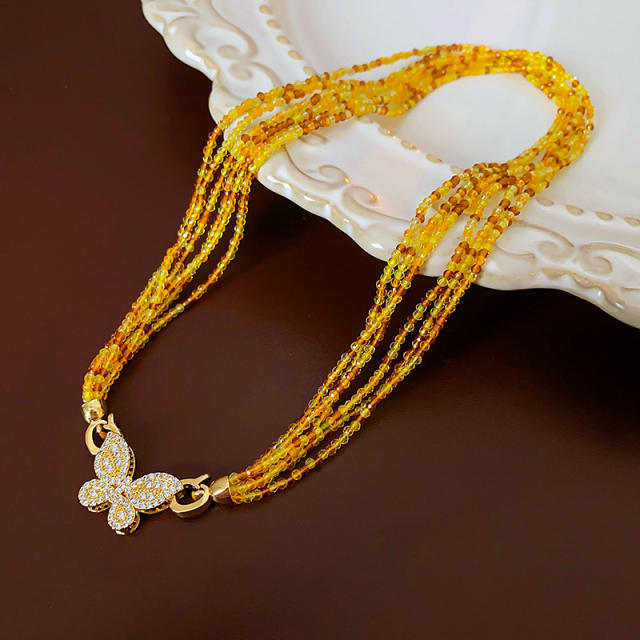 Boho colorful beaded chain diamond butterfly necklace