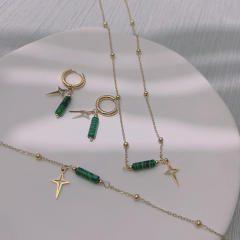 Dainty boho green color natural stone stainless steel necklace set