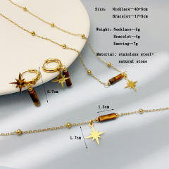 Boho natual tiger eye stone dainty stainless steel necklace set