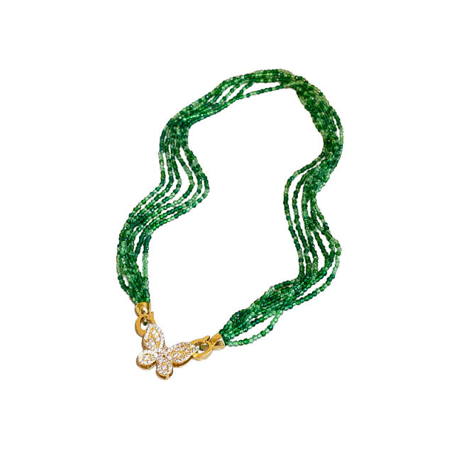 Boho colorful beaded chain diamond butterfly necklace