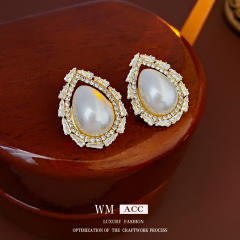 925 needle drop pearl hollow out elegant wedding earrings