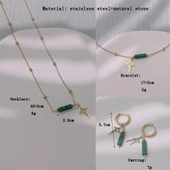 Dainty boho green color natural stone stainless steel necklace set