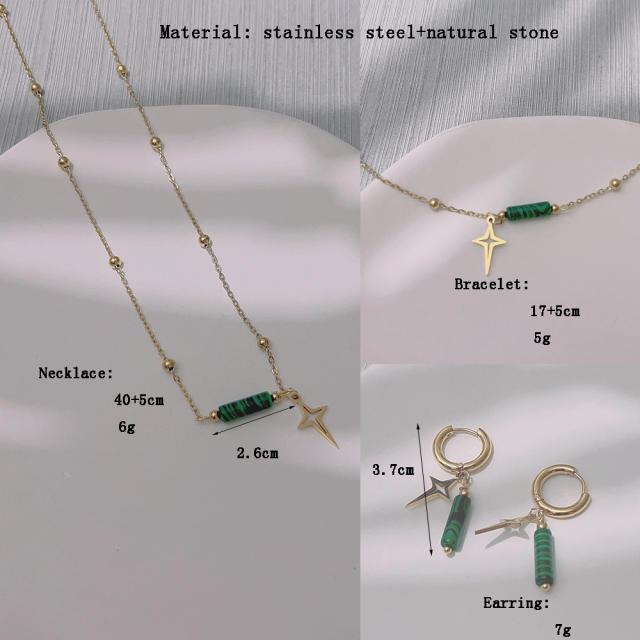 Dainty boho green color natural stone stainless steel necklace set