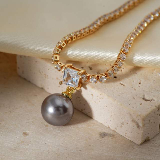 Korean fashion delicate tennis chain pearl pendant necklace wedding necklace